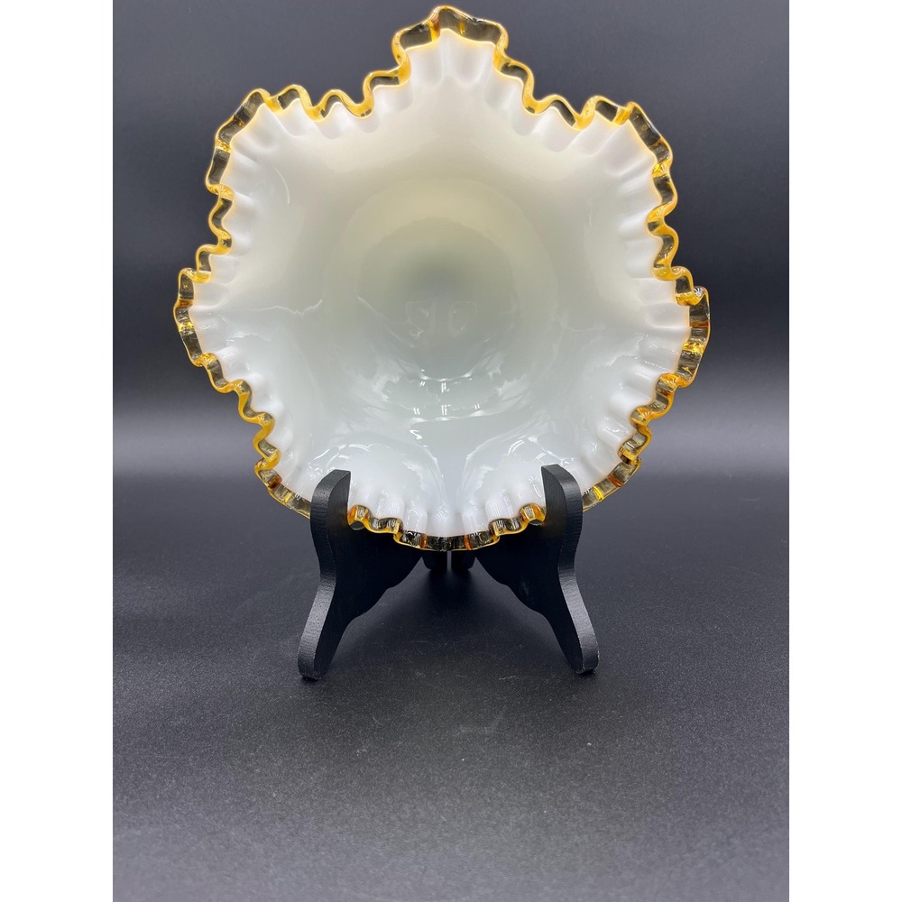 Vintage Fenton Gold Crest Milk Glass Bowl: Ruffled Edge Decorative Centerpiece